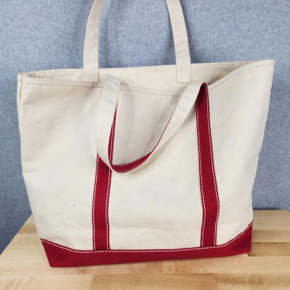 Lands' End Canvas Tote Bag Large Beige Red Trim Boat Carryall Made USA